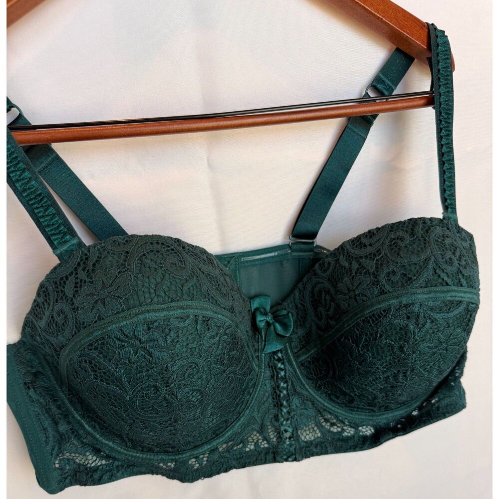 Adore Me Dark Green Floral Lace Lightly Padded Longline Balconette Bra 40DDD